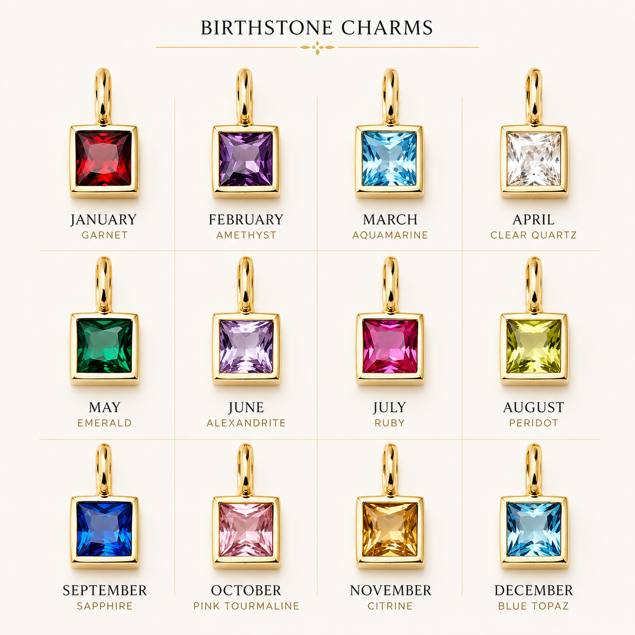 Birthstone color chart featuring all twelve gemstone options for the Abel personalized gold necklace