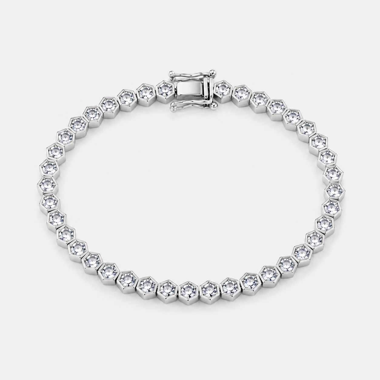 Silver hexagon tennis bracelet with sparkling CZ stones and polished rhodium plated finish
