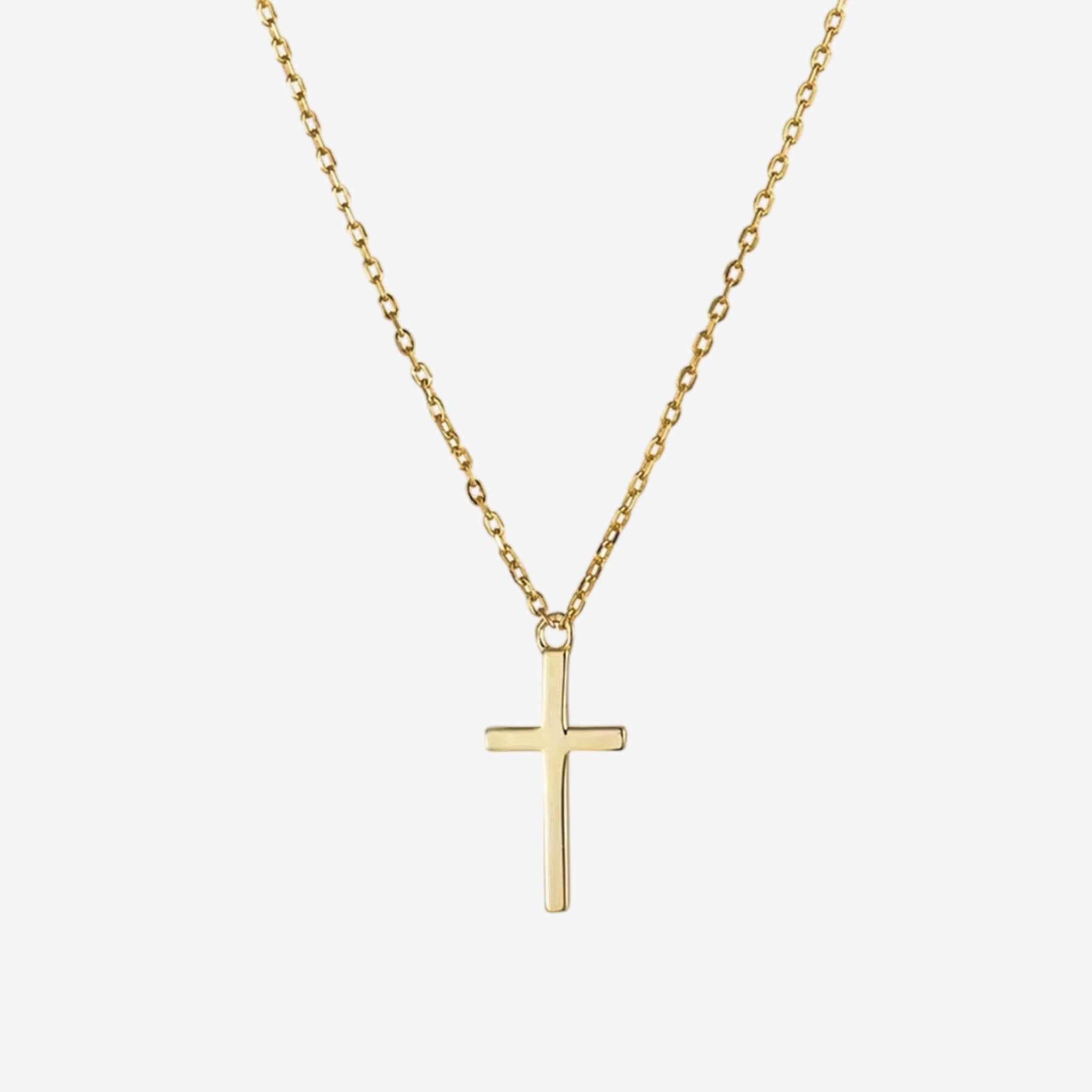 Luxxy classic gold cross necklace in 14k gold with polished finish on delicate dainty chain