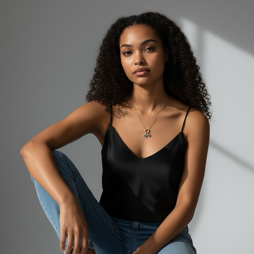 Model wearing personalized two birthstone gold charm necklace with dainty layered jewelry styling