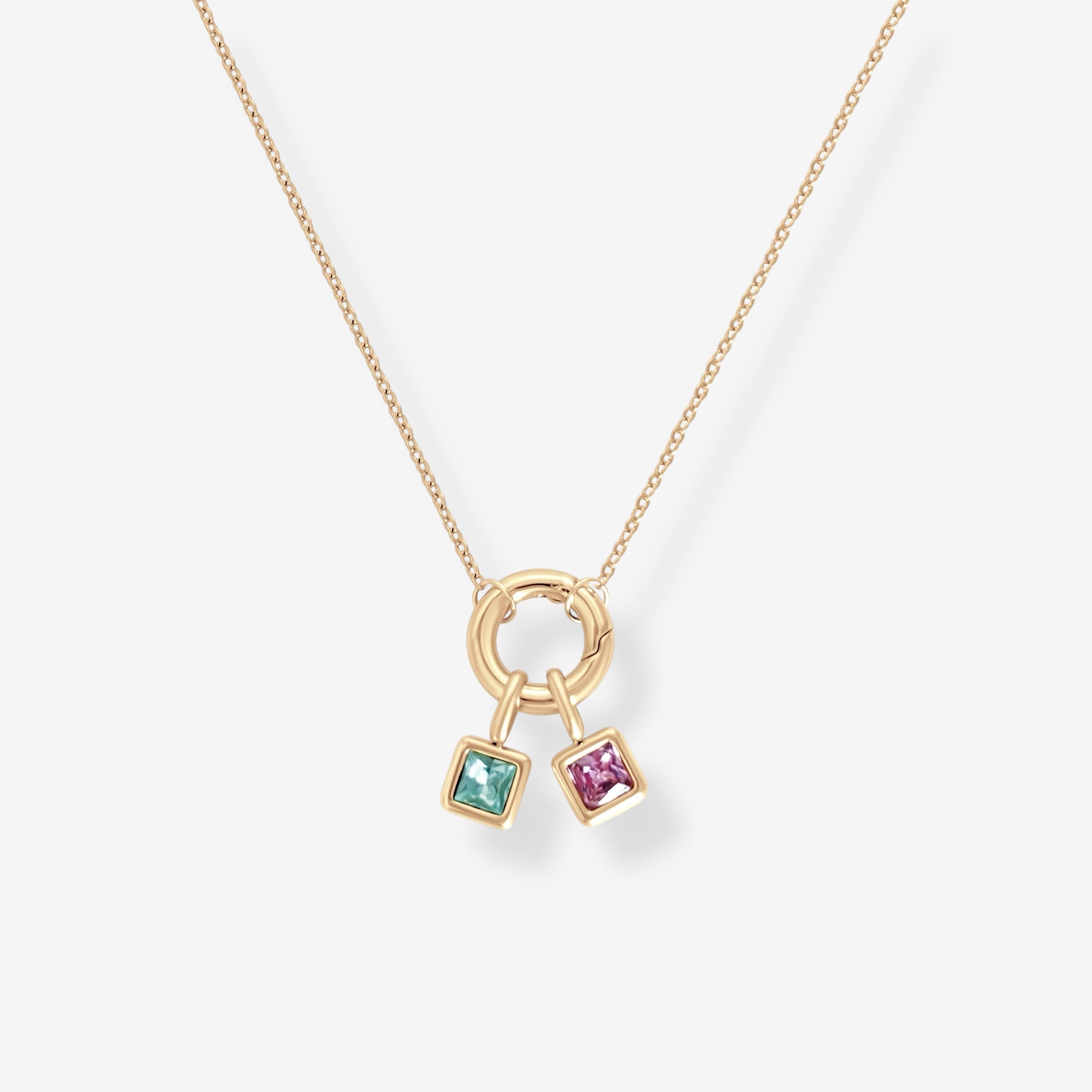 Gold Abel Birthstone Necklace featuring two square-cut gemstone charms on a delicate chain shown against a clean white background