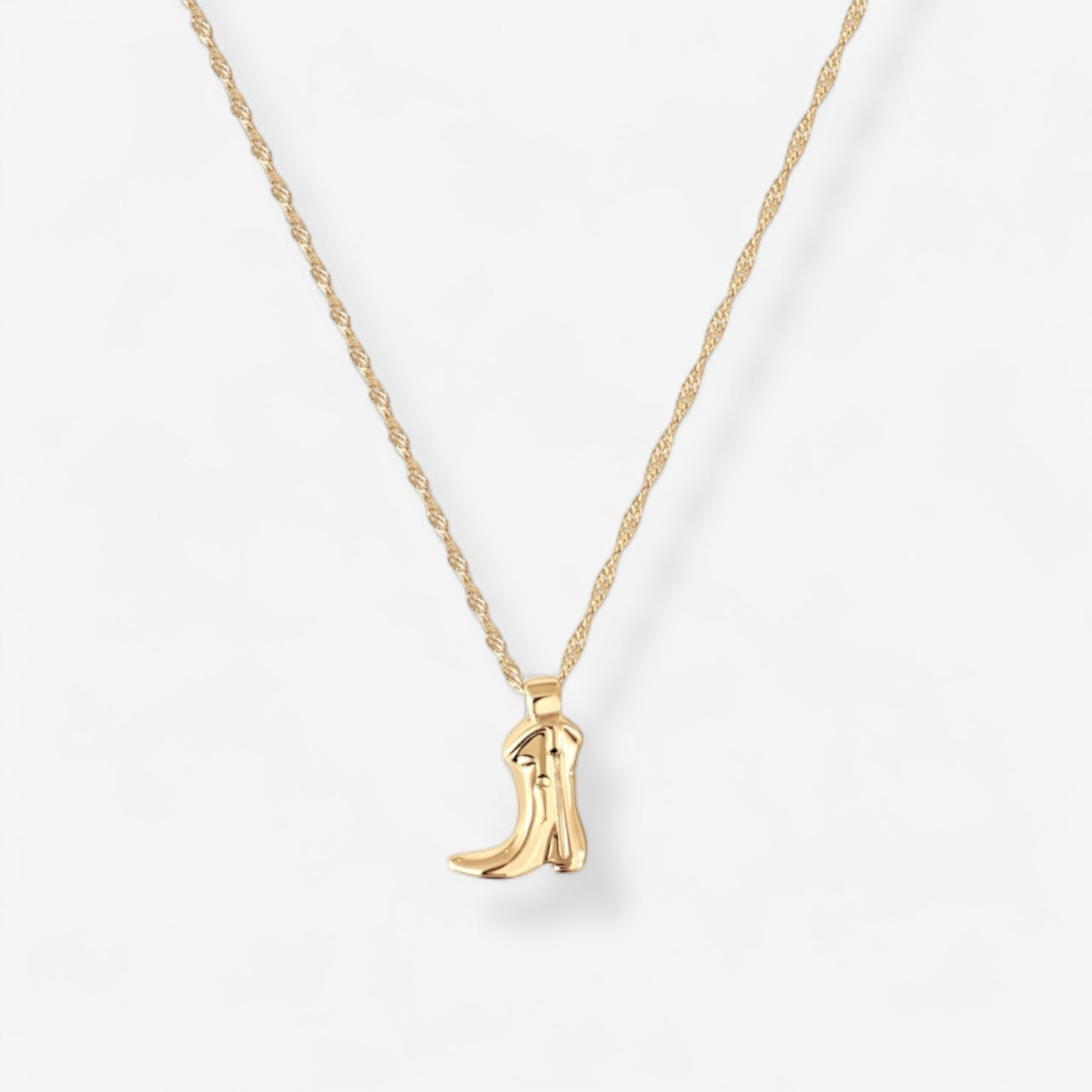 Luxxy Boots & Broadway Pendant featuring cowgirl boot charm on polished twist chain in 18k gold plated stainless steel