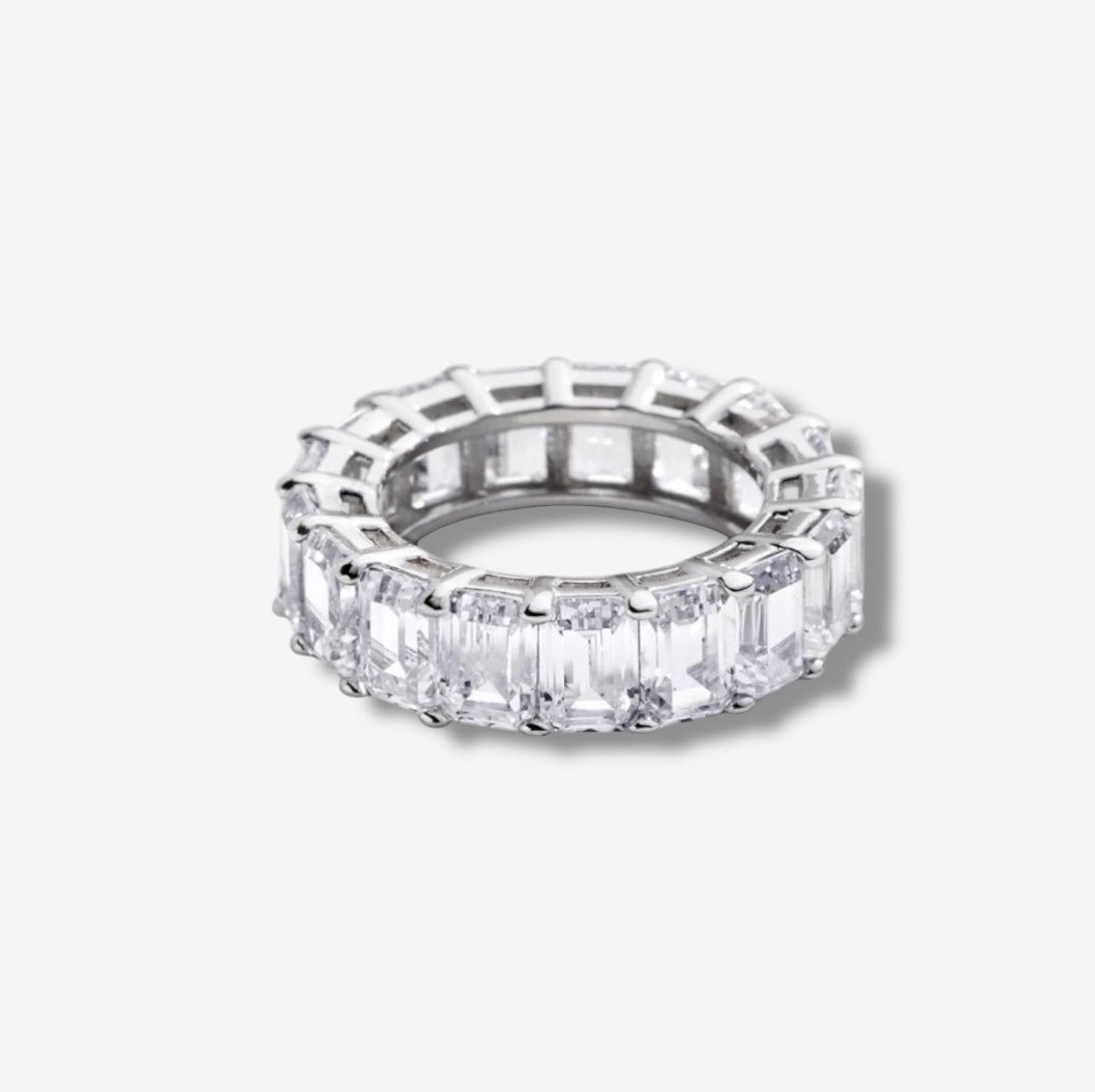 britt ring - silver with 360 degrees of emerald cut simulated diamonds cubic zirconias | affordable luxury jewelry by luxxy
