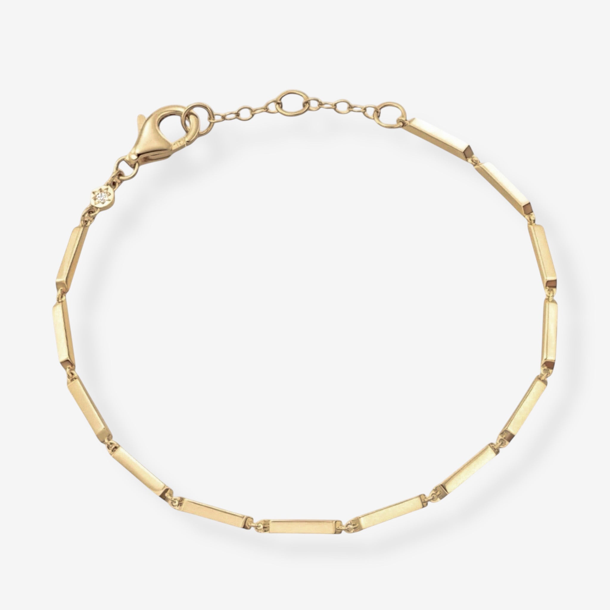 The Emmie Bracelet is a 14k gold-plated bracelet featuring rectangular bar links and a lobster clasp, shown on a white background.